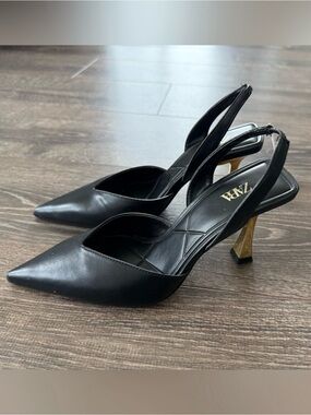 ZARA Black Pointed Slingback Heels with Gold Sculpted Heel